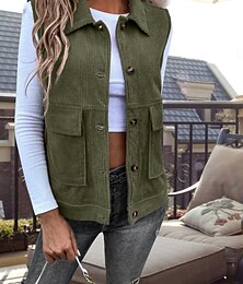abordables -Mujer Chaleco Exterior Calle Ropa Cotidiana Otoño Invierno Regular Abrigo Ajuste regular Mantiene abrigado Transpirable Elegante Casual Chaquetas Sin Mangas Color sólido Con bolsillos Verde Ejército