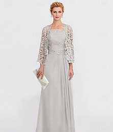 abordables -Robe A-Line robe de mariage sur la plage robe de la mère de la mariée élégante encolure droite longueur cheville chiffon dentelle manches 3/4 avec drapé sur les côtés en couleur unie