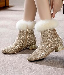 abordables -bottines à paillettes pour femmes avec bordure en fausse fourrure – bottes d'hiver dorées étincelantes avec talons blocs, parfaites pour les fêtes et les occasions festives