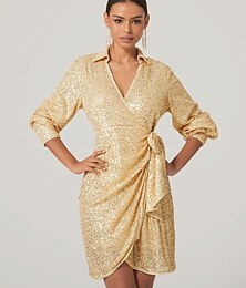 abordables -Femmes Robe Longueur Genou Robes à paillettes Élégant Cocktail Coupe régulière manche longue Col en V Dorée Automne Hiver