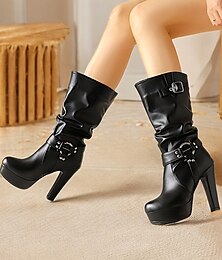 abordables -Botas blancas de plataforma hasta la rodilla para mujer con correas con hebillas y tacones altos: elegantes botas de invierno para declaraciones de moda audaces
