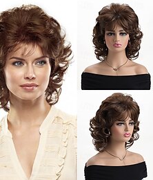 abordables -perruque synthétique bouclée avec frange perruque fabriquée à la machine cheveux synthétiques courts bruns pour femmes mode douce facile à transporter