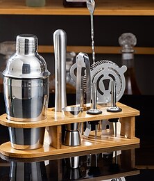 Недорогие -Набор для бармена с шейкером для коктейлей и подставкой, 10 шт., шейкер для коктейлей из нержавеющей стали, 550 мл, набор барных инструментов со стильной бамбуковой подставкой, идеальный набор для домашнего бармена и набор для приготовления коктейлей с ма