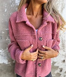 levne -Dámské Fleecová bunda Teddy Coat Zahřívací Prodyšné Knoflíky Kapsy Podšité fleecem Na běžné nošení Bez vzoru Dovolená ulice Denní nošení Jdeme ven Jednořadé Krátké Klopa Běžný Dlouhý rukáv Svrchn