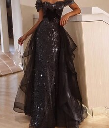 abordables -Robe de bal trapèze noire à cravate, robe vintage formelle, longueur au sol, manches courtes, col carré, tulle avec paillettes 2025