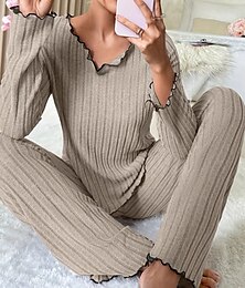 billiga -pyjamasset för kvinnor ren färg casual komfort hem daglig komfort varm v-ringad långärmad t-shirt byxa resår midja höst vinter hem outfits