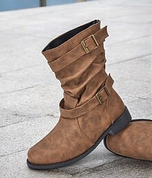 abordables -Botines vintage marrones holgados para mujer con correas con hebillas: perfectos para ropa informal o moda de otoño