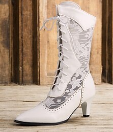 abordables -Botas victorianas negras de media pantorrilla con cordones y paneles de encaje floral para mujer: botas de tacón de inspiración vintage para ocasiones formales e informales