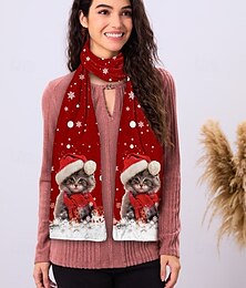 abordables -Bufanda de invierno con estampado de gatito navideño: accesorio festivo acogedor con gorro de Papá Noel y diseño de copos de nieve para la temporada navideña