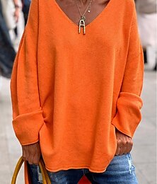 abordables -Femme Pull Chandail Mode Vêtement de rue du quotidien Couleur unie Col V Tricoté manche longue Hauts longs Tricoter Extérieur Sortie Orange Automne Hiver