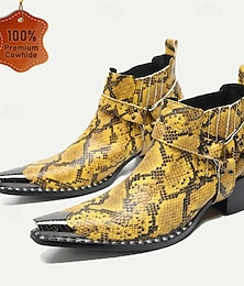 abordables -bottes de moto en cuir de serpent jaune pour hommes – bottines à bout pointu de style western avec sangles à boucle pour des déclarations de mode audacieuses