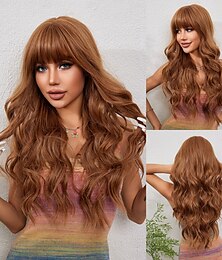 baratos -Perucas sintéticas Encaracolado Ondulado Franja Lisa Com Franjas Fabrico à Máquina Peruca 26 polegadas Castanho Claro Cabelo Sintético Mulheres Fofo Fantasias Festa Marrom Claro