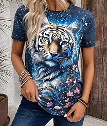 baratos -Mulheres Camiseta Gráfico Animal Casual Manga Curta Decote Redondo Tops regulares Diário Imprimir Azul Primavera Outono