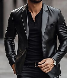 economico -blazer in pelle PU nero da uomo ufficio lavoro strada tasca moda casual primavera &giacca monopetto casual/quotidiana in poliestere tinta unita da autunno