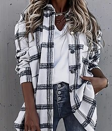 abordables -Mujer Chaqueta casual Exterior Calle Ropa Cotidiana Otoño Invierno Regular Abrigo Ajuste regular Mantiene abrigado Transpirable Elegante Casual Chaquetas Manga Larga Rayas y Cuadros Con bolsillos