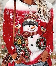 abordables -Camiseta de mujer de manga larga Estampado de muñeco de nieve Pájaro Top casual Roja Blanca Copo de nieve Confort Suave Ajuste Festivo Ropa de temporada Tallas disponibles