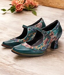 ieftine -tocuri vintage florale Mary Jane de dama - piele verde cu patchwork floral, bareta ajustabila, toc mijlociu, perfecte pentru stilul retro si ocazii speciale