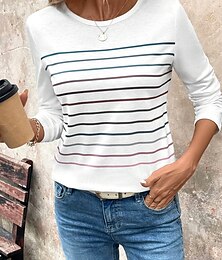 お買い得  -女性用 Tシャツ ストライプ カジュアル 長袖 クルーネック レギュラートップス 日常 プリント ホワイト 春 秋