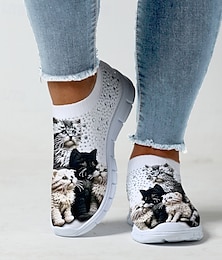 preiswerte -Süße Sneaker mit Katzen-Print für Damen – gemütliche Schlupfschuhe mit bezauberndem Kätzchen-Design für den Alltag