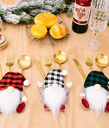 abordables -décoration de couverts de gnome de Noël, porte-couverts de gnome à carreaux, ensemble de vaisselle de vieil homme de la forêt décoration de table