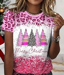 ieftine -tricou de damă de sărbători de sărbători top roz copaci leopard sclipici vesel casual decolteu rotund cu mânecă scurtă confort potrivire îmbrăcăminte de iarnă mai multe dimensiuni