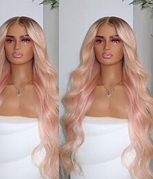 abordables -Perruque Cheveux Naturel Rémy 13x4 devant en dentelle Cheveux Brésiliens Ondulé Rose Partie libre Femme Densité 130% 150% Cheveux Colorés Ligne de Cheveux Naturelle Sans colle Pré-plumé Longue A1