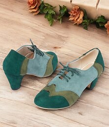 abordables -Zapatos oxford vintage de ante sintético de dos tonos con cordones para mujer: zapatos de tacón de bloque verde y verde azulado de inspiración retro para uso informal y de oficina