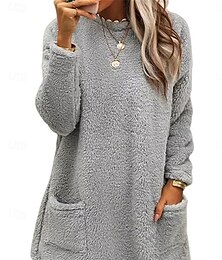abordables -Sudadera de mujer casual sherpa lisa para uso diario cuello redondo bolsillo manga larga marrón verde gris otoño invierno
