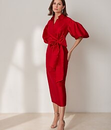 economico -Abiti cocktail a tubo abito elegante da spiaggia matrimonio formale lunghezza tea manica corta colletto camicia tasca taffetà con fiocco(i) abiti Derby 2025