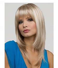 abordables -Perruque Synthétique Droit Coupe Asymétrique Perruque Moyen Blond Cheveux Synthétiques Femme Design à la mode Doux Naturel Blond