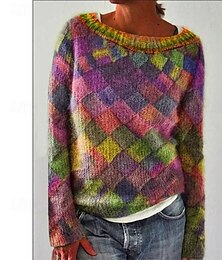abordables -Femme Pull Chandail Mode Vêtement de rue Décontractées Géométrique Col Ras du Cou Tricoté manche longue Hauts réguliers Tricoter Extérieur Rouge Violet Automne Hiver