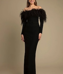 abordables -Vestido de noche sirena gala negro elegante vestido formal longitud de piso manga larga fuera de los hombros tejido crepé disfraz