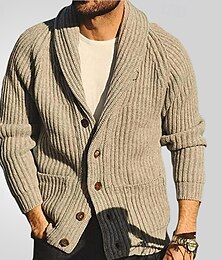 billige -Herre Cardigan Genser Beskjærte genser Strikket genser Riflet Strikke Normal Lomme Helfarge Buet Mote Klassisk Dagligdagstøy Stevnemøte Klær Høst vinter Kakifarget M L XL