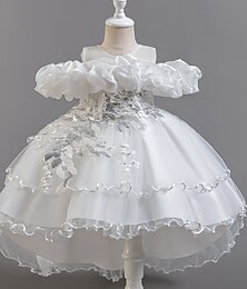 billiga -Barn Flickor Festklänning Blommig Blomma Kortärmad Bröllop Speciellt Tillfälle Rynkad Dragkedja Skön Ljuv Bomull Polyester Asymmetrisk Festklänning Sommar Vår Höst 4-13 år Vit Champagne Rodnande Rosa