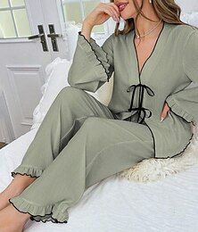billiga -pyjamasset för kvinnor ren färg ledig komfort hem daglig komfort varm v-ringad långärmad skjorta byxa elastisk midja höst vinter hemkläder