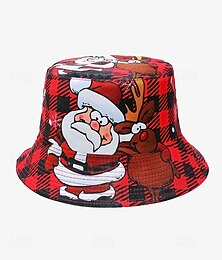 baratos -chapéu de balde de natal reversível - design de papai noel e rena, tema de feriado xadrez vermelho, chapéu festivo unissex para festas de inverno e feriados