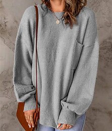 economico -Per donna Felpa Pullover Maglione Informale Morbido Colore puro A coste Girocollo Tasche Lavorato a maglia Manica lunga Top regolari Maglia Esterno Giornaliero Fine settimana Grigio Autunno Inverno