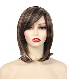 cheap -Shoulder Length Dark Brown Straight Bob Wigs Synthetic Medium Length Bob Hair Wig Halloween Costume Wigs for Women