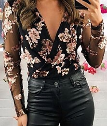 economico -Per donna Camicia Blusa Floreale Essenziale Informale Manica lunga A V Top regolari Da mare Giornaliero Collage Stampa Nero Autunno Inverno