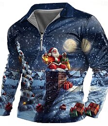 abordables -Noël Homme père Noël Polos Polos de golf manche longue Polos Col Décontractées Tenue de soirée Quotidien Vacances Festival Boutons Impression 3D Bleu de minuit