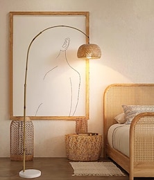 cheap -Floor Lamp Bedside Floor Lamp Bamboo Style Standing Light with Arc Arm in Wood Wabi-Sabi Style Floor Lamp