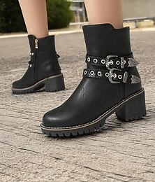 abordables -bottines bleues pour femmes avec brides à double boucle et talon épais – design d'inspiration western avec des accents de clous métalliques pour des looks décontractés et robustes