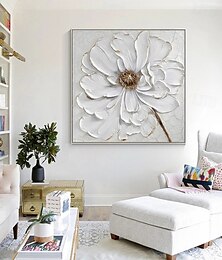 お買い得  -油絵 手描き 3D 花の絵 手作り パレットナイフ 花 油絵 壁アート 大きな 3D ホワイト テクスチャ 絵画 モダン 装飾画 印象派 抽象的 ホワイト 油絵