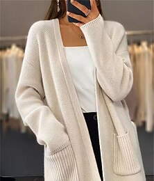 economico -Per donna Felpa Cardigan Informale Morbido Colore puro A coste Apertura anteriore Tasche Lavorato a maglia Manica lunga Top regolari Maglia Esterno Giornaliero Fine settimana Verde Beige Autunno