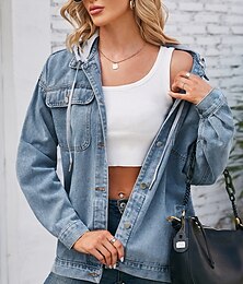 economico -Per donna Giacca con cappuccio Giacca di jeans Esterno Strada Da tutti i giorni Autunno Inverno Standard Cappotto Standard Tenere al caldo Traspirante Moda Informale Giacca Manica lunga Tinta unica