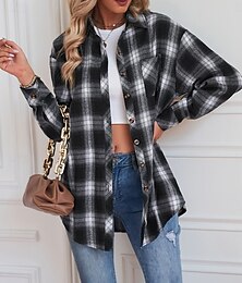 abordables -Mujer Chaqueta casual Exterior Calle Ropa Cotidiana Otoño Invierno Regular Abrigo Ajuste regular Mantiene abrigado Transpirable Elegante Casual Chaquetas Manga Larga Rayas y Cuadros Con bolsillos