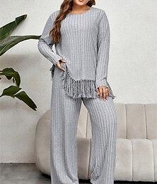 preiswerte -Damen Übergröße Oberteile T Shirt einstellen Feste Farbe Quaste Langarm Rundhalsausschnitt Brautkleider schlicht Täglich Polyester Herbst Winter Fuchsie Grün
