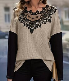 economico -Top in pizzo elegante da donna blusa all'uncinetto moda moderna casual top semplici regolari maniche lunghe scollo rotondo vestibilità regolare abbigliamento quotidiano weekend romantico top petite