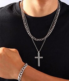 levne -Pánský slitinový křížový náhrdelník, řetízkový náramek a sada rytých prstenů – odolné a stylové křesťanské šperky