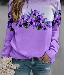 abordables -Sudadera de mujer con estampado floral para uso diario, informal, cuello redondo, manga larga, microelástica, otoño e invierno, cómoda, transpirable, tejido suave